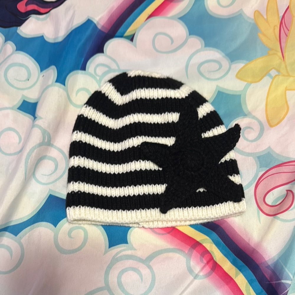 Striped Black and White Beanie with Star